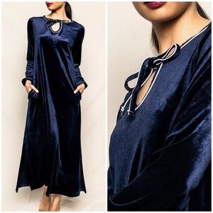 Petite Plume Harlow Velour Nightgown Pajamas Navy Sleepwear Maxi Bow Long Sz L
